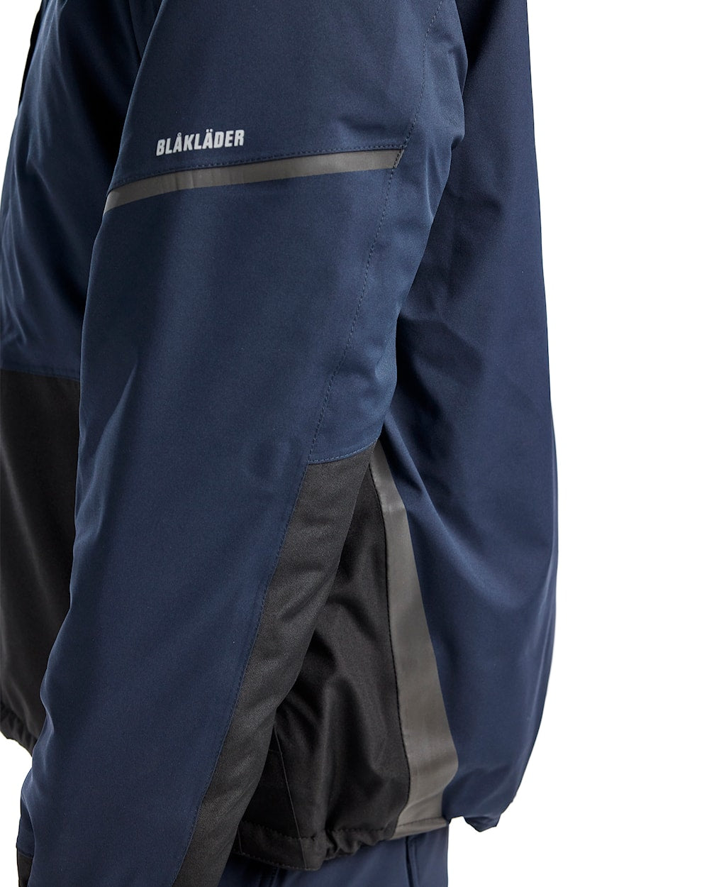 Arbeitsjacke Winter, Dunkel-Marineblau-Schwarz, Detail Reflexstreifen und Stretcheinsätze