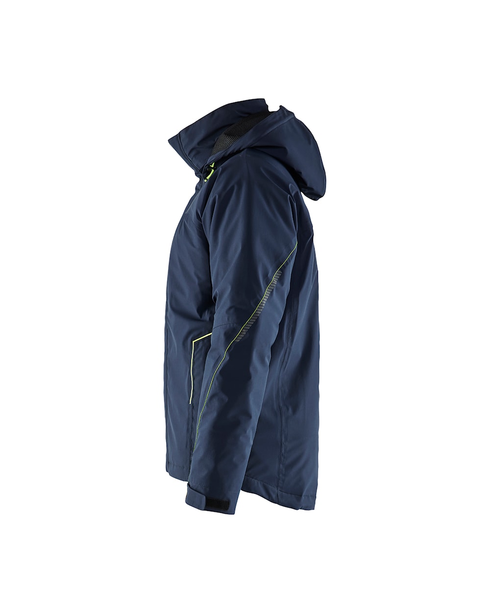 Arbeitsjacke Winter Herren, Softshell, Stretch, Dunkel-Marineblau-Gelb, Seitenansicht links