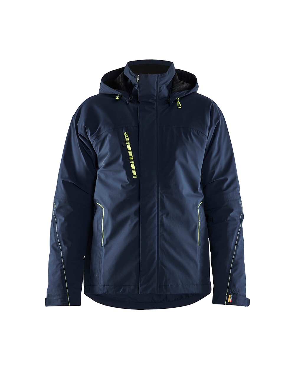 Arbeitsjacke Winter Herren, Softshell, Stretch, Dunkel-Marineblau-Gelb, Vorderansicht