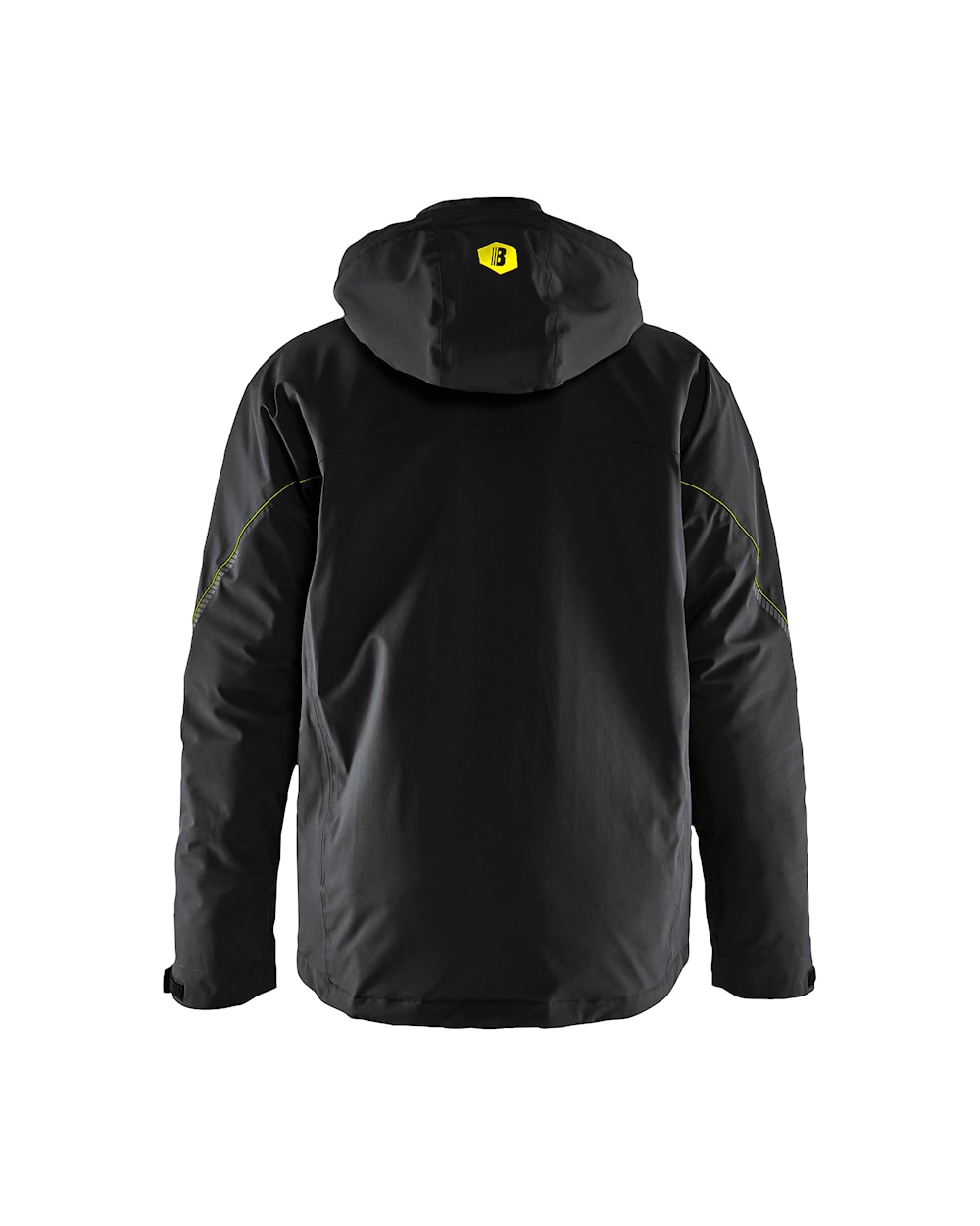 Arbeitsjacke Winter Herren, Softshell, Stretch, Schwarz-Gelb, Ansicht hinten