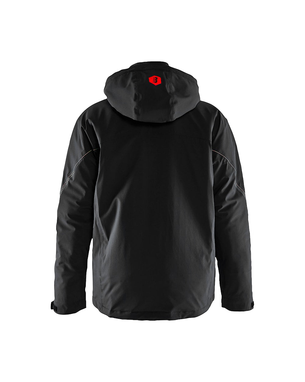 Arbeitsjacke Winter Herren, Softshell, Stretch, Schwarz-Rot, Ansicht hinten