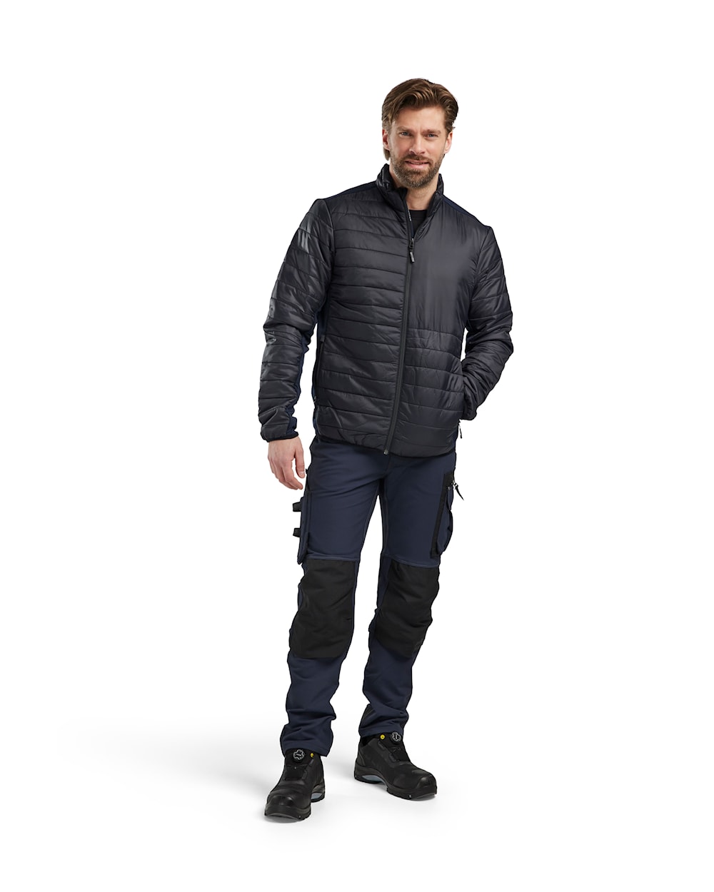 Arbeitsjacke warm gefüttert Herren, Schwarz-Dunkel-Marineblau, Ansicht Front mit Modell