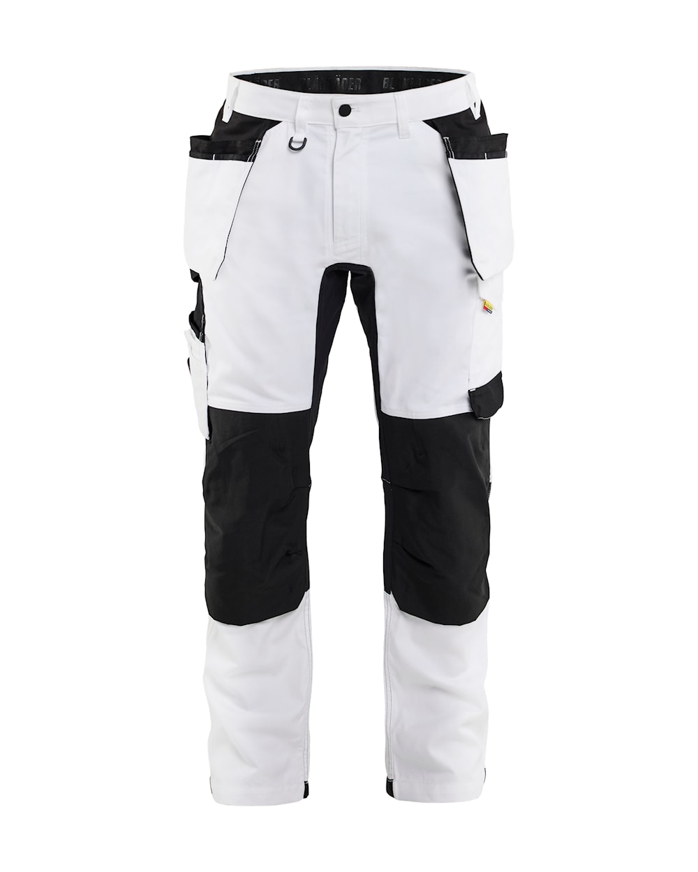 Weiße Blåkläder Malerhose Stretch, Ansicht von vorne, mit Zollstocktasche und Oberschenkeltasche.