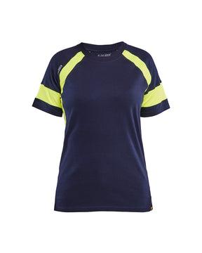 Damen T-Shirt mit High Vis von vorne in Marineblau / Gelb