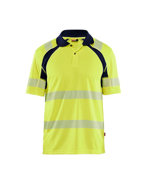 UV-Schutz High Vis Poloshirt von vorne in High Vis Gelb / Marineblau