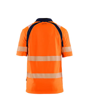 UV-Schutz High Vis Poloshirt von hinten in High Vis Orange / Marineblau