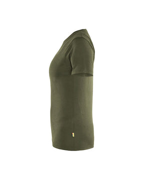 Blåkläder Damen Merino T-Shirt, Seitenansicht links, in Waldgrün mit dezentem Blåkläder-Label