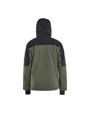 Winterjacke Arbeit, Stretch, Waldgruen-Rost, Ansicht hinten, mit verstellbarer Kapuze
