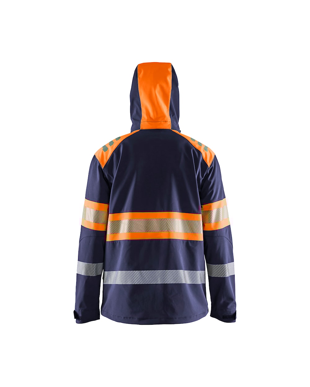 Warnjacke Softshell von hinten mit Kapuze in MArineblau / Orange
