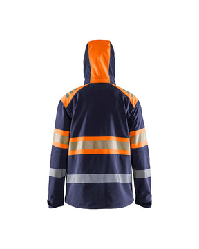 Warnjacke Softshell von hinten mit Kapuze in MArineblau / Orange